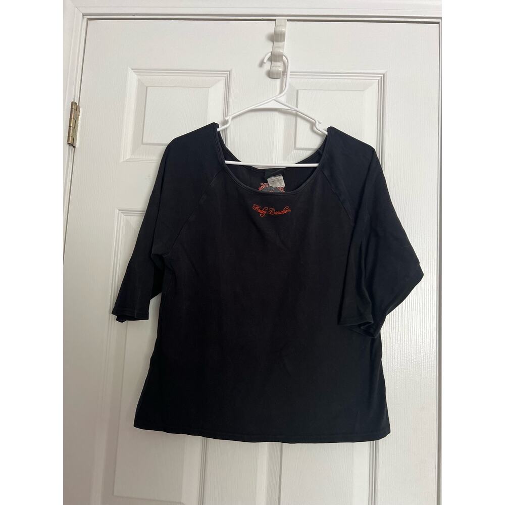 Harley- Davidson Wide Neck 3/4 Sleeve Woman's Black Embroidered Top Sz: XL
